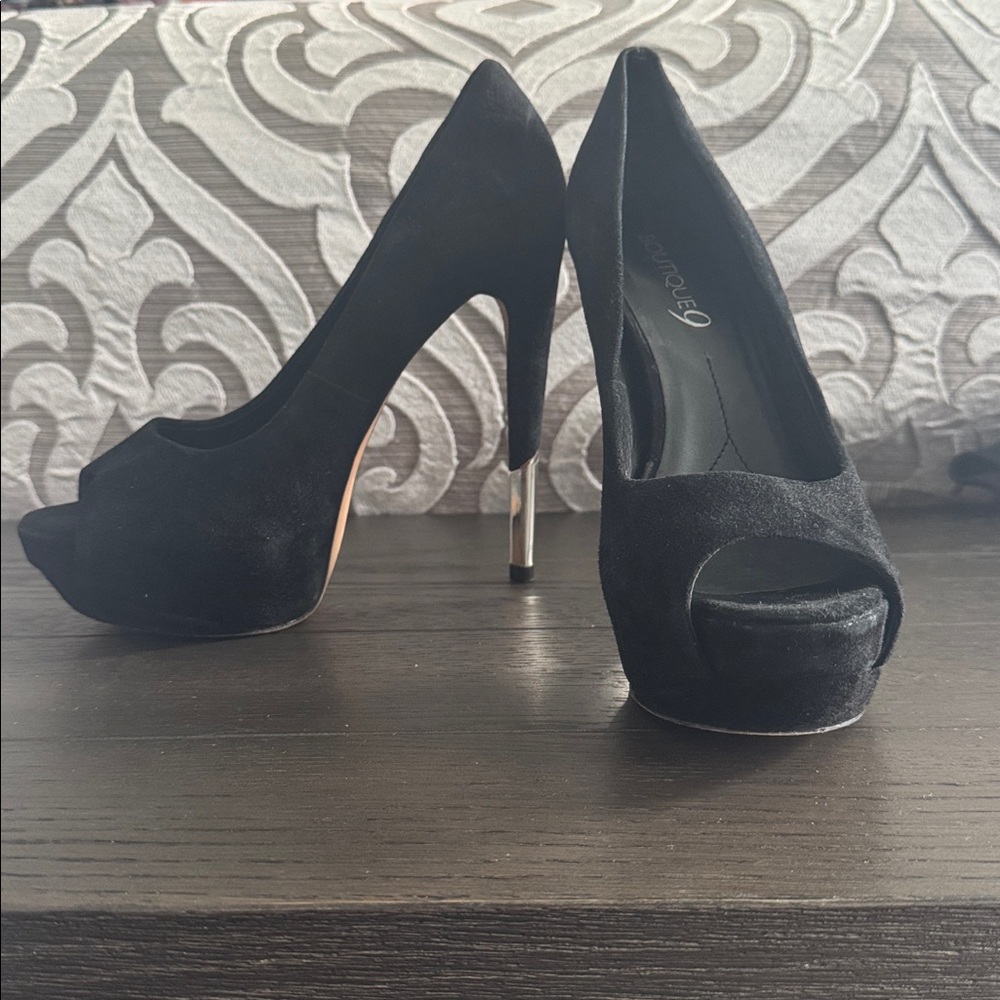 Boutique 9 Black Suede Platform Peep-Toe Pumps with Metallic Heel